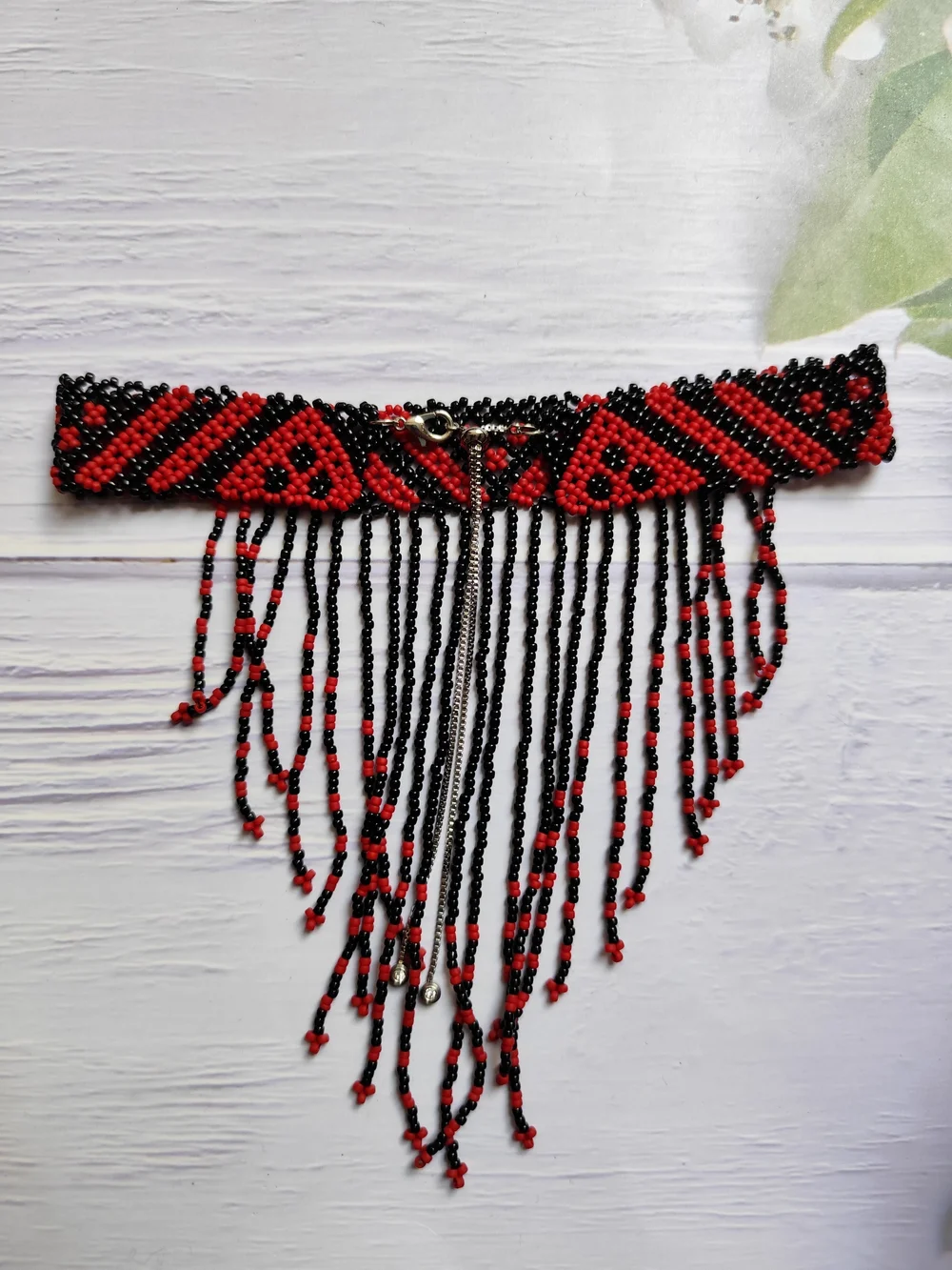Red and Black Beaded Fringe Statement Necklace